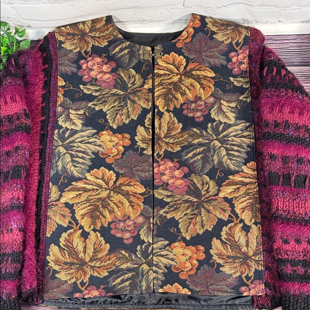 Floral and Grapevine Tapestry Jacket Knit Sleeves. Eclectic Grandma. Vintage - Picture 3 of 14